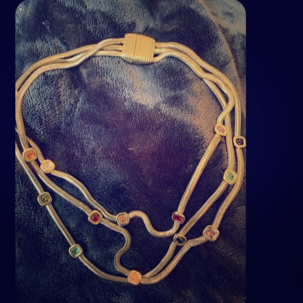 Gold necklace with multicolored Rhinestones